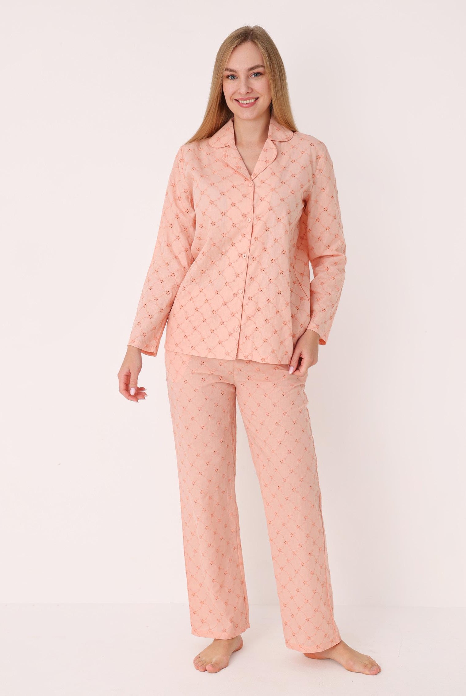 Pizhama të Gjata Pambuk i Qendisur - Pink