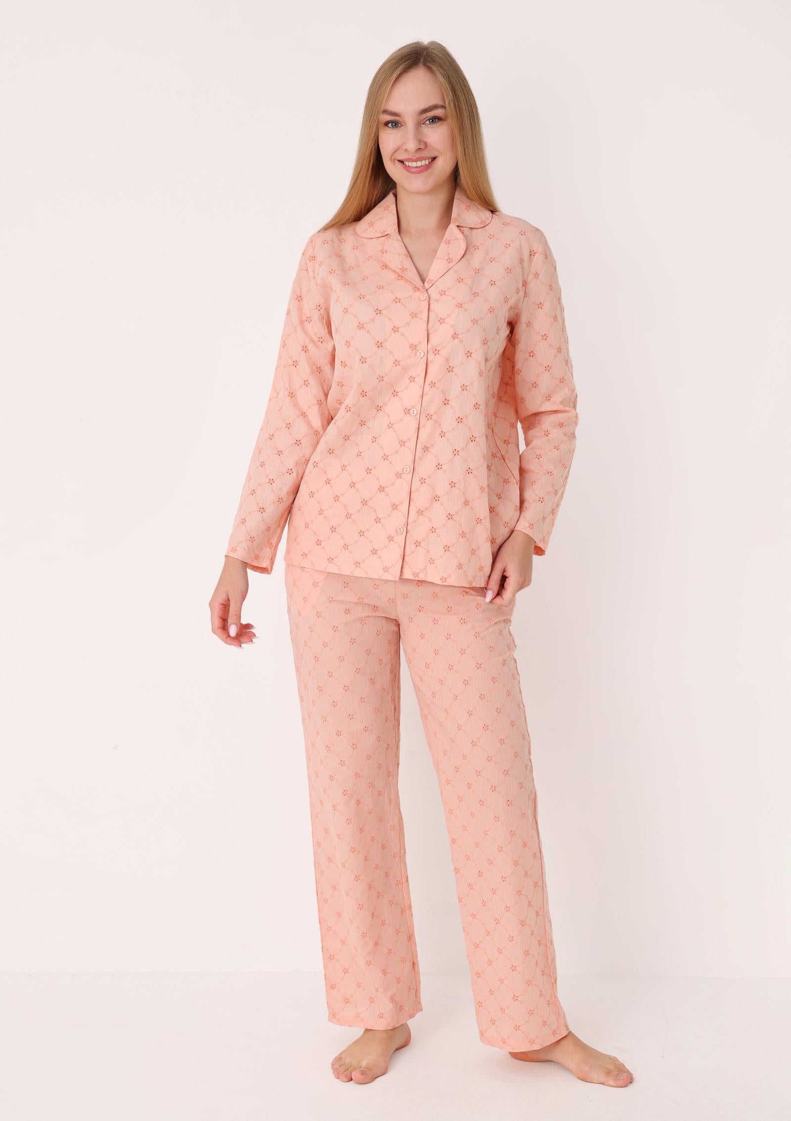 Pizhama të Gjata Pambuk i Qendisur - Pink