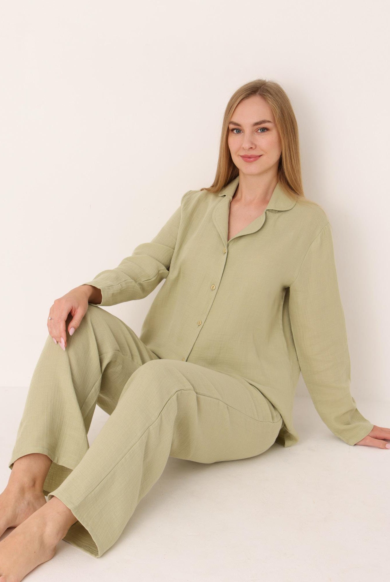 Pizhama të Gjata Pambuk i Pastert - Gjelbert