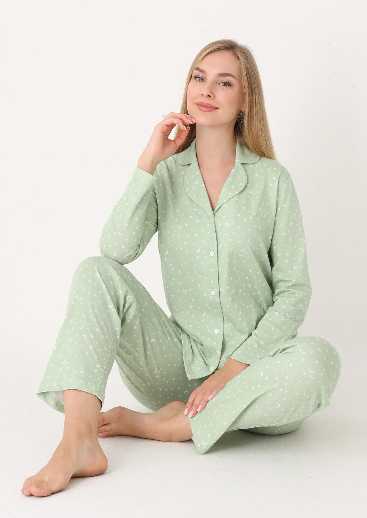 Pizhama të Gjata Pambuk me Yje - Gjelbert
